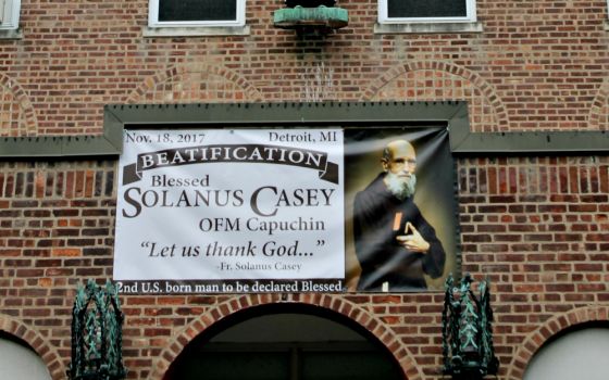 A banner celebrating Capuchin Fr. Solanus Casey's beatification is seen at the Capuchin Youth and Family Ministry in Garrison, New York. (Andrew Pugliese)