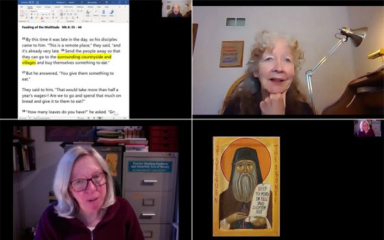 Speakers for the 2021 "Sacred Heart Gathering for Peace and Justice," held on Zoom Feb. 20, included author Kathy Kelly (top row), and Nancy Forest-Flier (bottom row), who read the speech her husband, Jim Forest, had prepared. (NCR screenshots)