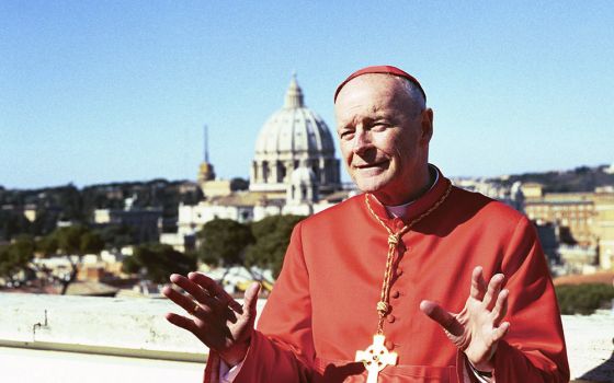 New Cardinal Theodore McCarrick addresses the media on the roof of the North American College in Rome following a consistory ceremony at the Vatican Feb. 21, 2001. McCarrick was among 44 new cardinals created by Pope John Paul II. (CNS/Carol Zimmermann)