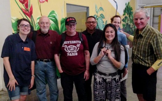 From left: Brinkley Johnson, site coordinator at Annunciation House, and volunteers Harry Hutzel, Richard Champion, Marco Matute, Evelyn Rodriguez, Patrice Kavanaugh and Peter Wise. Not pictured is group coordinator Petrina Grube, who took the photo.