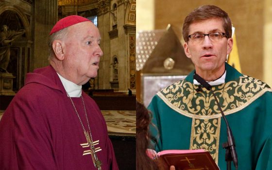 Left: Bishop W. Francis Malooly at the Vatican in December 2019 (CNS/Paul Haring). Right: Msgr. William Koenig in Rockville Centre, New York, in January 2019 (CNS/Gregory A. Shemitz).