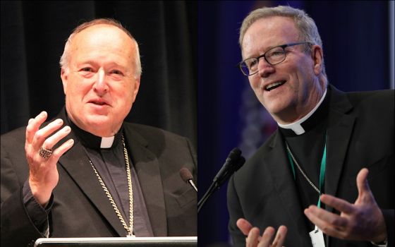 Left: San Diego Bishop Robert McElroy (CNS/Courtesy of University of San Diego/Ryan Blystone); right: Los Angeles Auxiliary Bishop Robert Barron (CNS/Bob Roller)