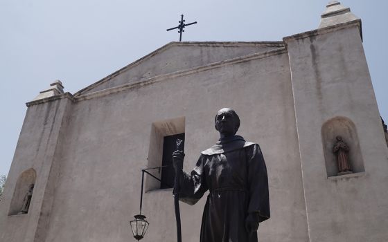 A statue of Franciscan Fr. Junípero Serra is seen outside Mission San Gabriel in San Gabriel, California, in 2018. (Wikimedia Commons/Wraithwriter77)