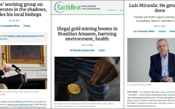 Some of the 2021 coverage from the National Catholic Reporter and EarthBeat that won awards from Catholic Media Association (NCR screenshots)