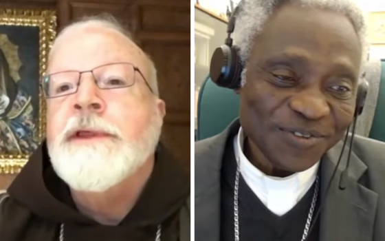 Boston Cardinal Sean O'Malley, left, the only American on the pope's advisory Council of Cardinals, and Cardinal Peter Turkson, who leads the Vatican's Dicastery for Promoting Integral Human Development, appear in screenshots from a March 18 webinar. (NCR