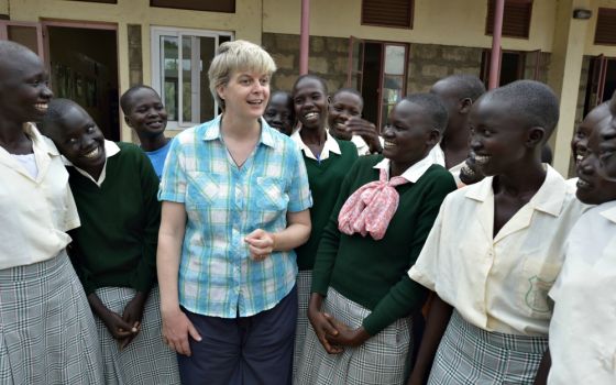 Loreto Sr. Orla Treacy talks with girls at the Loreto Secondary School in Rumbek, South Sudan.  Treacy is principal of the school, which is run by the Institute for the Blessed Virgin Mary — the Loreto Sisters — of Ireland. (Paul Jeffrey)