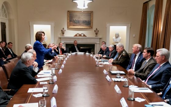House Speaker Nancy Pelosi and congressional leadership meet with President Donald Trump Oct. 16 in the Cabinet Room of the White House. (Wikimedia Commons/Official White House photo/Shealah Craighead)