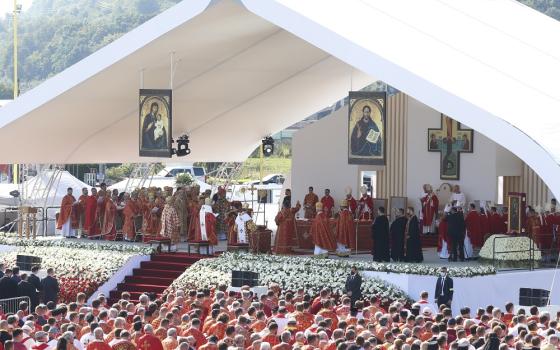 Pope Francis celebrates a Byzantine Divine Liturgy of St. John Chrysostom at Mestská športová hala Square in Prešov, Slovakia, Sept. 14, 2021.