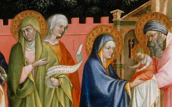 The prophetess Anna is depicted at left, holding a scroll, in this detail from the 15th-century painting "The Presentation in the Temple" by Alvaro Pirez. (Metropolitan Museum of Art)
