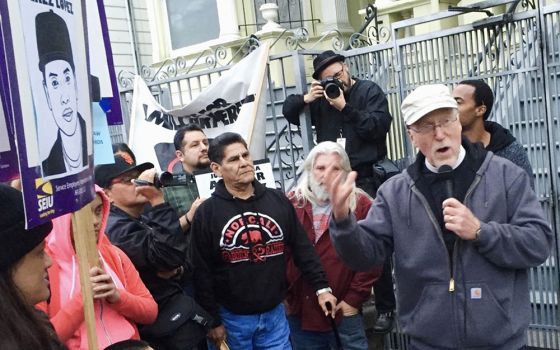 The Rev. Richard Smith speaks during a labor rally in San Francisco. (RNS/Courtesy photo)