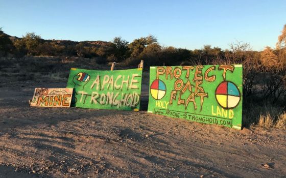 Signs protesting a copper mine at Oak Flat and advocating to protect the sacred land. (RNS)