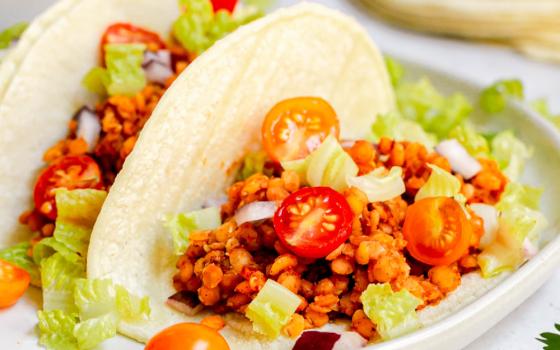 Red lentil tacos with tomatoes and lettuce (At Elizabeth's Table/Elizabeth Varga)