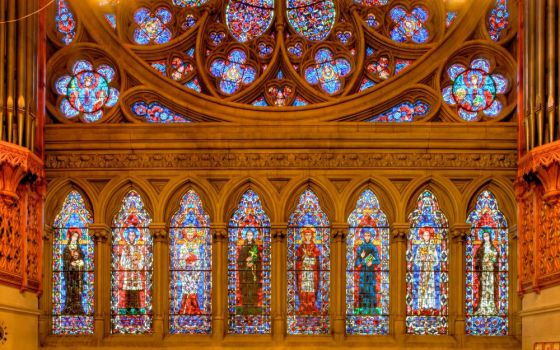 Stained glass windows are seen in the interior of the Cathedral Basilica of the Sacred Heart in Newark, New Jersey. (Wikimedia Commons/Bestbudbrian)