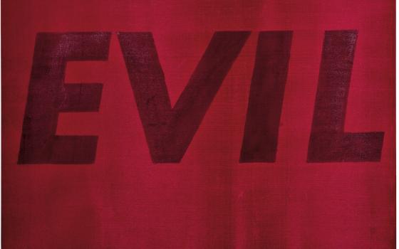 Detail of "Evil" by Ed Ruscha, screenprint on wood veneer, 1973 (Courtesy of the artist and Gagosian)