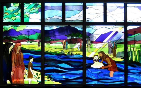 "The Baptism in the Jordan," depicted in stained-glass at St. John Neumann Church in Sunbury, Ohio (Wikimedia Commons/Nheyob)