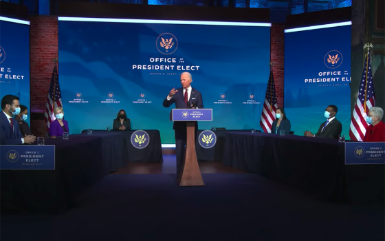 President-elect Joe Biden speaks during the introduction of his climate team appointees Dec. 19 in Wilmington, Delaware (NCR screenshot/YouTube/Joe Biden)