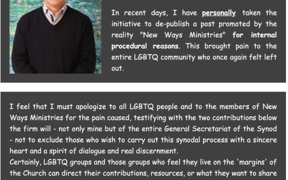 A Synod of Bishops' newsletter offers an apology for removing a link to a video by the Catholic LGBTQ outreach organization New Ways Ministries (NCR screenshot)
