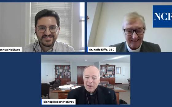 NCR news editor Joshua McElwee, St. Joseph Sr. Katie Eiffe, and San Diego Bishop Robert McElroy in a NCR Live discussion (NCR screenshot/YouTube)