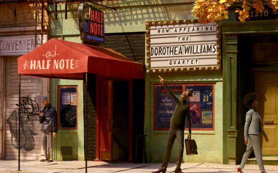 Detail from a scene in "Soul," showing Joe Gardner, a music teacher, getting excited about joining Dorothea Williams' band. (Disney/Pixar)