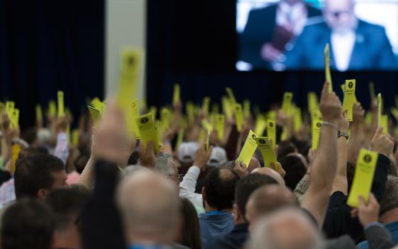 Attendees hold up their ballots during a session at the Southern Baptist Convention's annual meeting in Anaheim, California on June 14. (AP/Jae C. Hong)