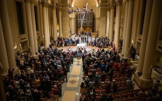 Raven Chacon's "Voiceless Mass" is performed for Present Music's annual Thanksgiving concert at the Cathedral of St. John the Evangelist Nov. 21, 2021, in Milwaukee, Wisconsin. (Courtesy of Samer Ghani)