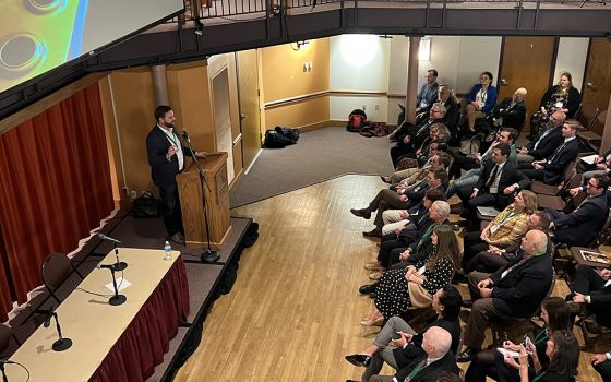 Republican Senate Candidate J.D. Vance speaks about life on the campaign trail during the Oct. 7-8 conference, "Restoring A Nation: The Common Good in the American Tradition," at Franciscan University of Steubenville in Steubenville, Ohio. (NCR)