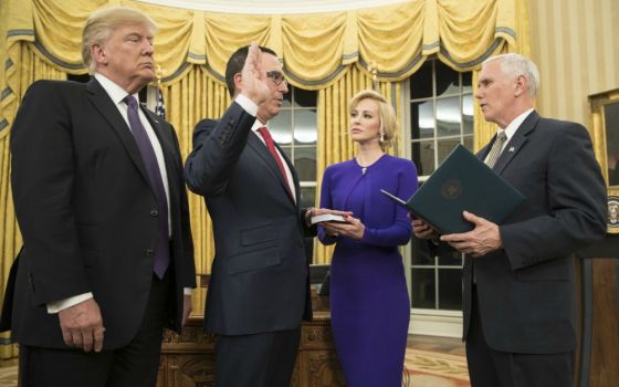 Louise Linton looks on as her husband, Steve Mnuchin, is sworn in as treasury secretary Feb. 13. (Wikimedia Commons/Executive Office of the President of the United States)