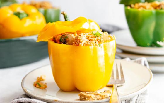 A bell pepper stuffed with tempeh, cauliflower rice and vegetables (At Elizabeth's Table/Elizabeth Varga)