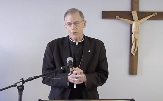 Archbishop John Wester of Santa Fe, New Mexico, is seen during a virtual press conference Jan. 11 to discuss his pastoral letter on the growing need for nuclear arms disarmament. (CNS screengrab/YouTube, Archdiocese of Santa Fe)
