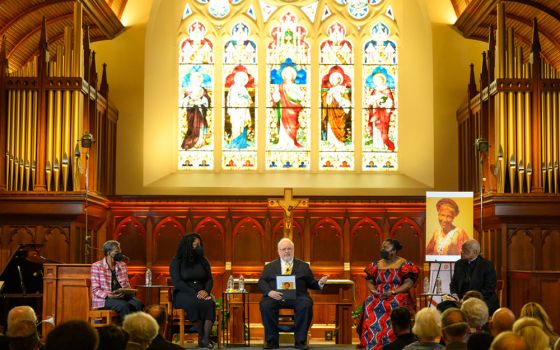 From left: Sr. Patricia Chappell; history professor Shannen Dee Williams; moderator John Carr; Ogechi Akalegbere; and Cardinal Wilton Gregory of Washington, participate in a panel May 3 at Georgetown University on Sr. Thea Bowman. (Georgetown University)