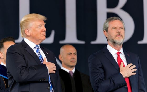 President Donald Trump and Jerry Falwell Jr. are seen at the evangelical Liberty University's 2017 commencement. (Wikimedia Commons/White House/Shealah Craighead)