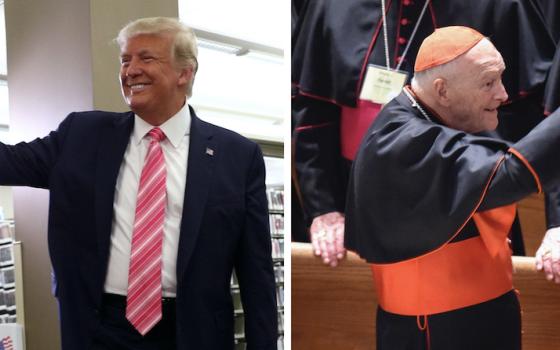 Left: President Donald Trump waves after voting in the 2020 presidential election at the Palm Beach County Library in West Palm Beach, Florida, Oct. 24 (CNS/Reuters/Tom Brenner); Right: Then-Cardinal Theodore McCarrick waves to fellow bishops as he attend