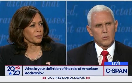 Sen. Kamala Harris and Vice President Mike Pence face off at the Oct. 7 vice presidential debate. (NCR screenshot)