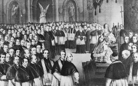 In a 19th-century illustration, Pope Pius IX convenes the First Vatican Council on Dec. 8, 1869, in St. Peter's Basilica. (RNS)