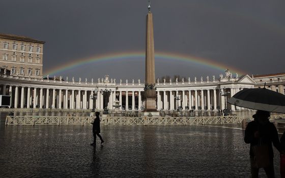 A rainbow shines over St.Peter's Square Jan. 31, 2021, at the Vatican. (AP photo/Alessandra Tarantino, File)