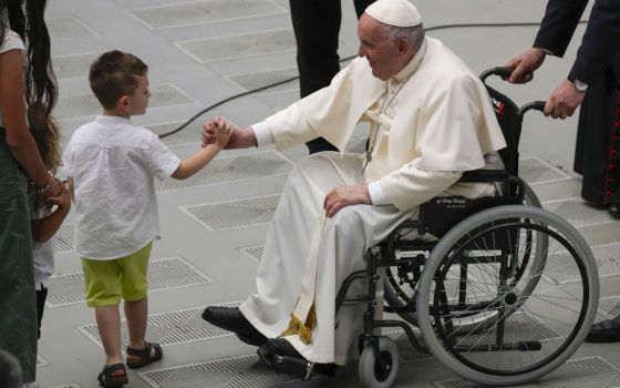 Pope Francis is greeted by a boy as he arrives for an audience with soldiers of the "Safe roads" operation and their families, at the Vatican June 11. (AP/Andrew Medichini)
