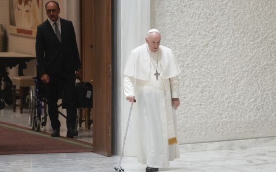Massimiliano Strappetti, left, watches Pope Francis walking in the Paul VI hall 