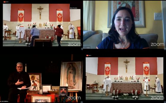 Images from the "Open All Hearts/Abre Todos Los Corazones" vigil, including, clockwise from top right: Washington State Sen. Rebecca Saldaña, Jesuit Fr. Elías Puentes (at lectern) and Jesuit Fr. John Whitney (Screenshots from YouTube/St. Joseph Parish)