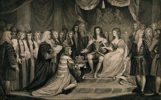 William of Orange and his wife, Mary, are presented with the English crown in 1688, as depicted in a 1790 engraving. (Wikimedia Commons/Wellcome Collection)