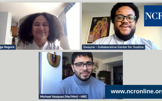 Clockwise from upper left: NCR opinion editor Olga Segura, Dwayne David Paul of the Collaborative Center for Justice and Michael Vazquez of the Human Rights Campaign participate in a livestream event on Jan. 28. (NCR screenshot/YouTube)