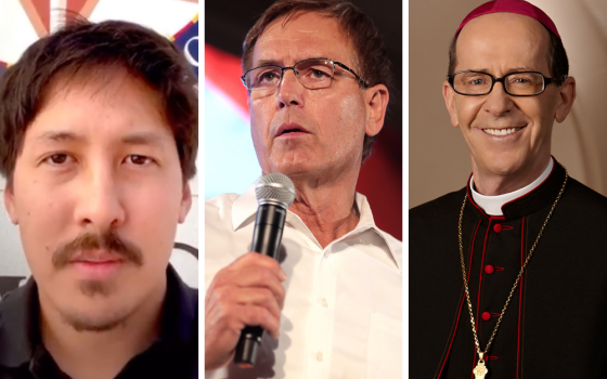 Ron Watkins, from left, Jim Lamon and Phoenix Bishop Thomas Olmsted (Video screen grab, Gage Skidmore/The Star News Network, and Diocese of Phoenix)