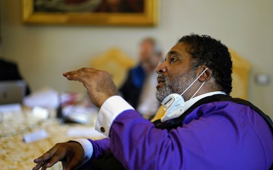 The Rev. William Barber II, a Protestant minister and co-chair of the Poor People's Campaign, speaks Oct. 4 at the Vatican. (Courtesy of Gabriella Clare Marino)