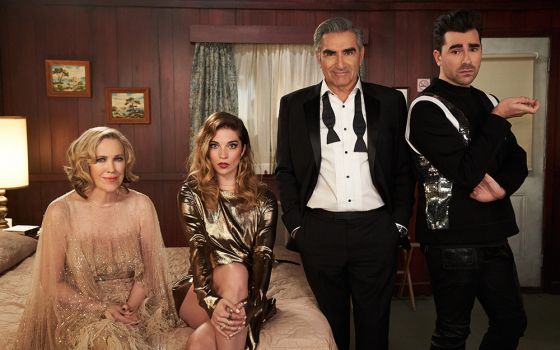 The Rose family of "Schitt's Creek" (from left): Catherine O'Hara as Moira, Annie Murphy as Alexis, Eugene Levy as Johnny, and Daniel Levy as David (Newscom/Album/CBS/Not A Real Company)