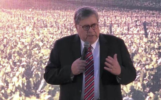 Former U.S. Attorney Gen. William Barr addresses the audience July 30 at the Napa Institute's annual summer conference. (NCR screenshot)