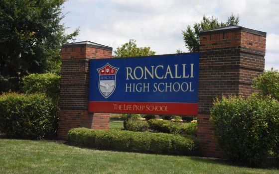 A sign for Roncalli High School in Indianapolis is seen July 23, 2020.