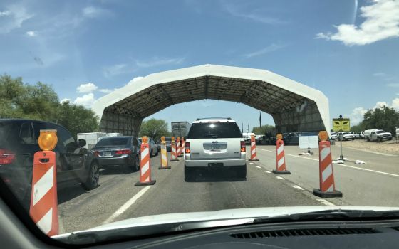 Approaching the U.S. Border Patrol checkpoint where cars are stopped on the way to Tucson, Arizona, from Mexico (Tracey Horan)