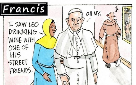 Francis, the comic strip: Leo drinking wine with his street friend? Hmm.