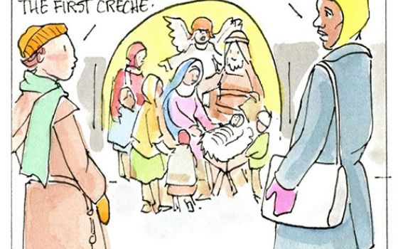 Francis, the comic strip: The holy family in the Creche reminds us of others who need welcome.