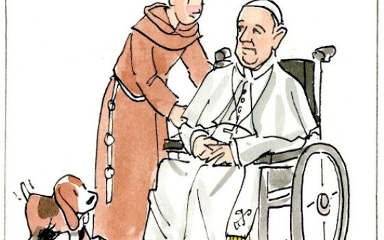 Francis, the comic strip: Brother Leo reminds Francis he still has a lot of work to do.