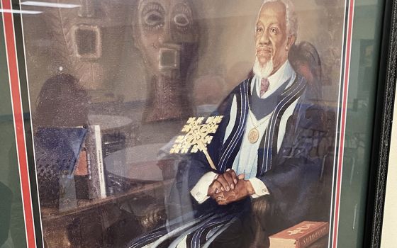 A painting of Fr. Clarence Joseph Rivers is pictured at St. Joseph Catholic Church in Cincinnati, where he served as associate pastor and where he began composing music. (Courtesy of Emily Strand)